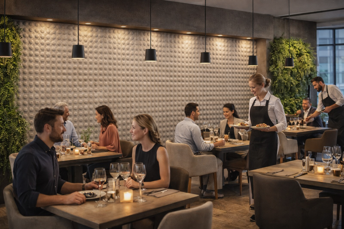 Sculptural 3D wall panels lining a restaurant dining room wall, lit from above to emphasise the hemispherical relief