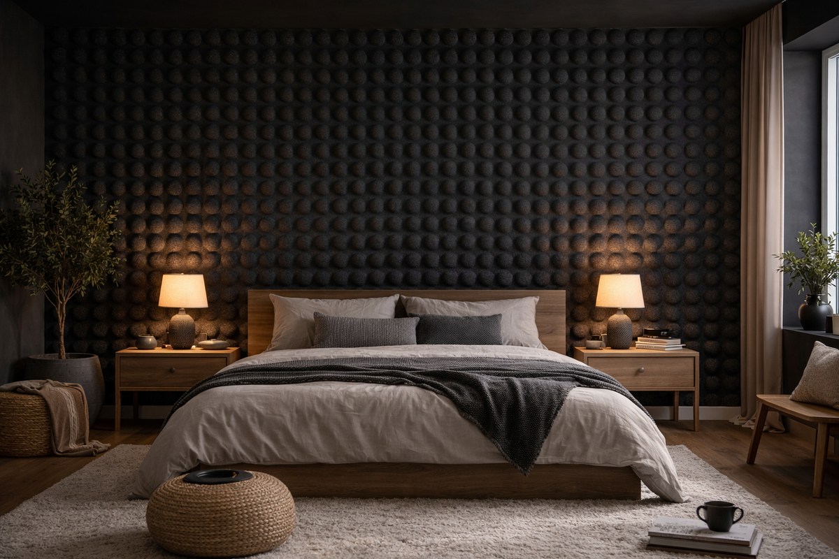 Dark sculptural 3D wall panels covering a bedroom feature wall behind the bed, lamplight raking across the hemispherical relief